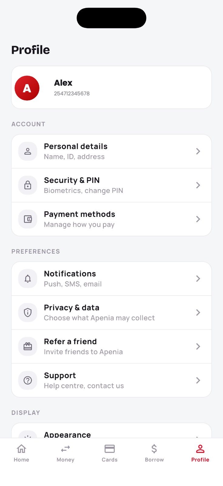 Apenia app — Profile